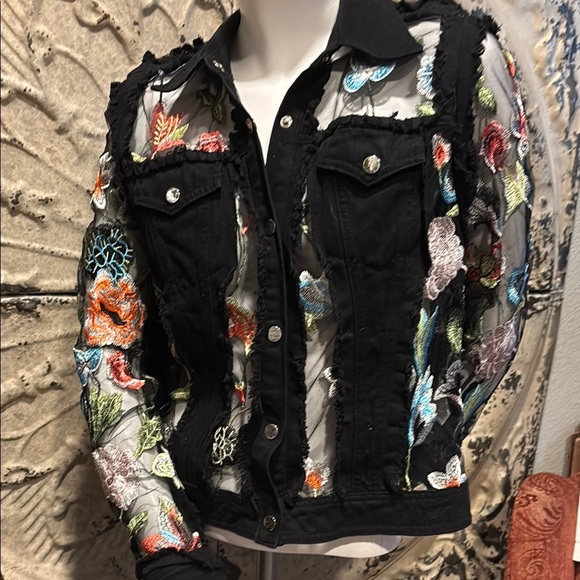 Adore Black Mesh Jean Jacket with Vibrant Embroidery - Picture 15 of 16